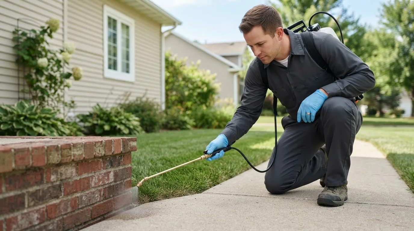 Pest control technician treating a home near Duncan, OK