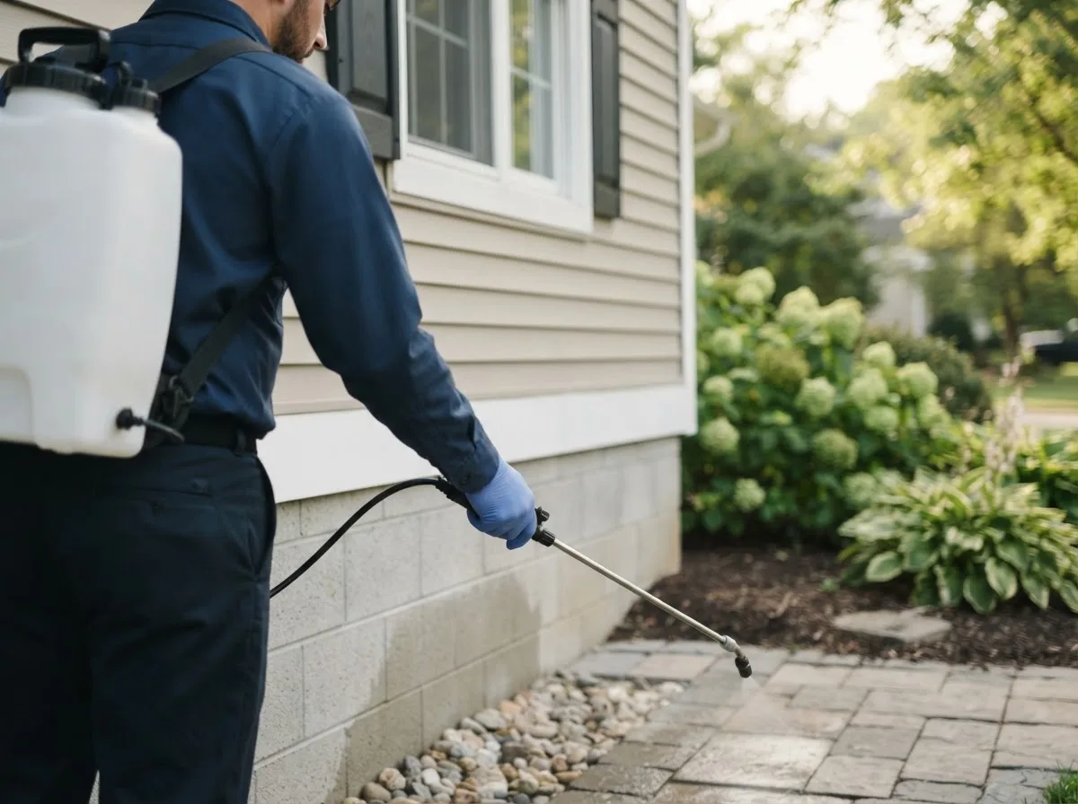 Pest control technician inspecting a home in Duncan, OK